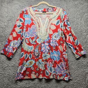 Talbots Red Paisley Blouse Womens Size Large Crochet Lace Colorful 3/4 Sleeve